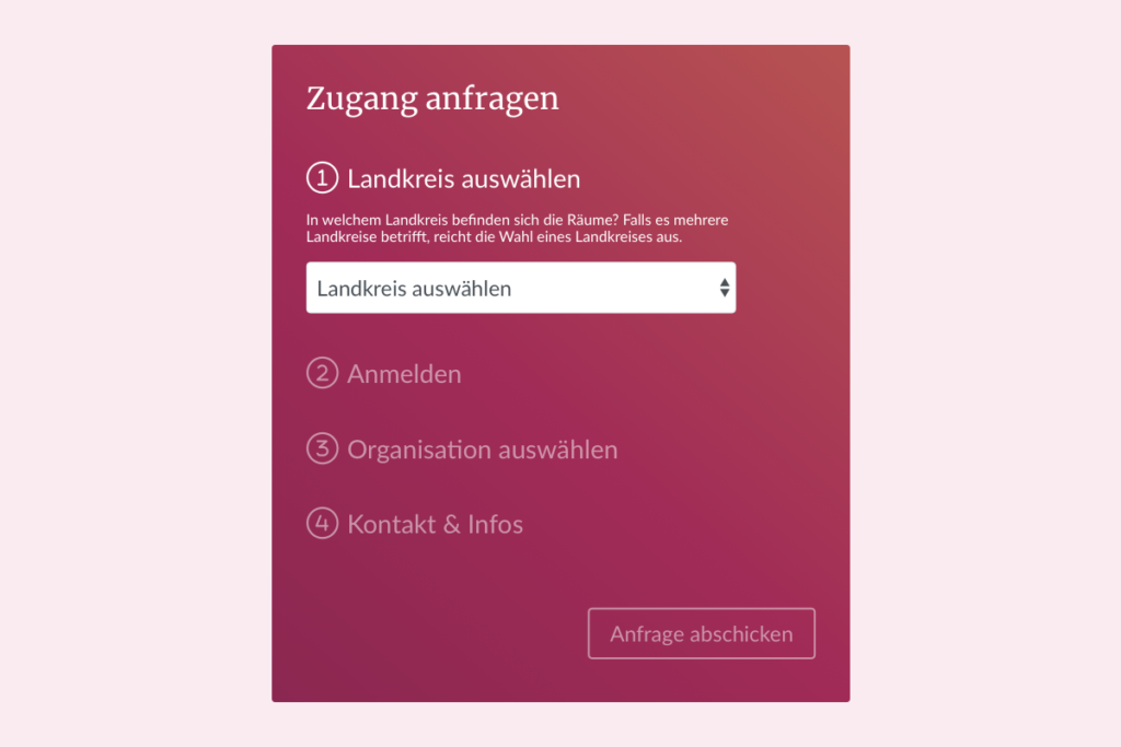 Screenshot des Formulars zur Bewerbung als Raumanbieter zeigt Auswahl des zuständigen Landkreises.